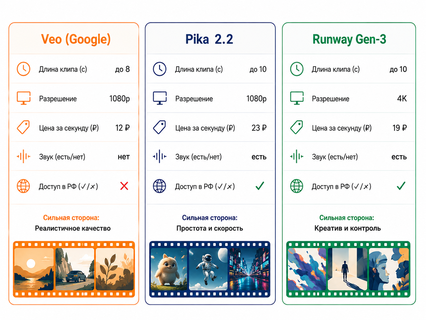 Veo против Runway, Kling и Luma — таблица возможностей